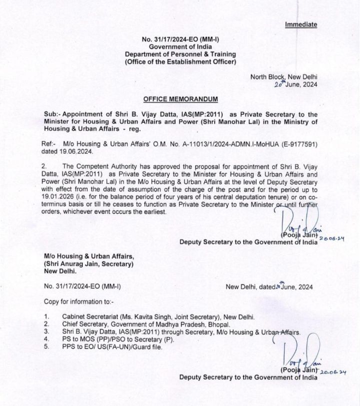 IAS: 2011 बैच के आईएएस बी विजय दत्ता जायेंगे दिल्ली, आवास एवम शहर मंत्रालय में मंत्री खट्टर के निज सचिव बनाए गए 2 img 20240620 1448483457526886779157659