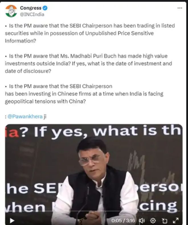 SEBI कांग्रेस का सेबी चेयरपर्सन पर नया आरोपःमाधबी बुच का लिस्टेड सिक्योरिटीज और फॉरेन फंड्स में निवेश, यह सेबी कोड का उल्लंघन 2 img 20240914 2027465916068671961550146