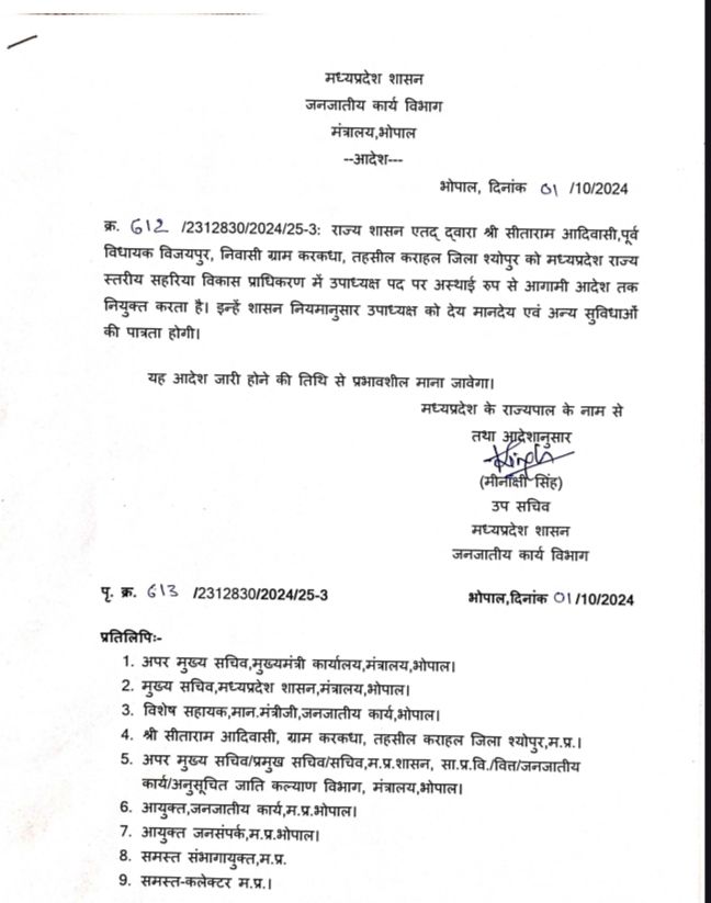 पूर्व विधायक सीताराम आदिवासी को सहरिया विकास प्राधिकरण का उपाध्यक्ष बनाया 2 img 20241001 2217347784064919431639052