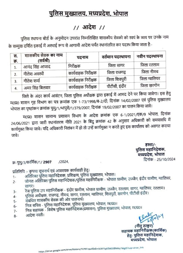 MP: नौ पुलिस निरीक्षक एवं कार्यवाहक निरीक्षकों के तबादले 2 img 20241025 1632593934110203530361518