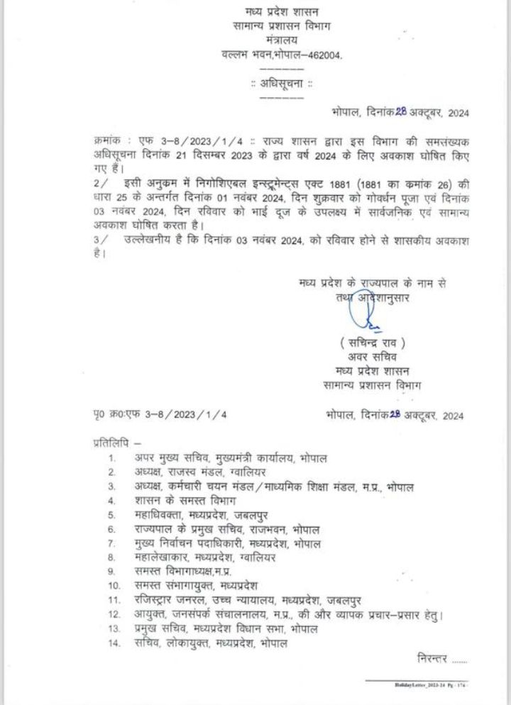 MP : 1 नवंबर को गोवर्धन पूजा की छुट्टी घोषित, चार दिन बंद रहेंगे सरकारी कार्यालय.. 2 img 20241028 161434464308444630540809