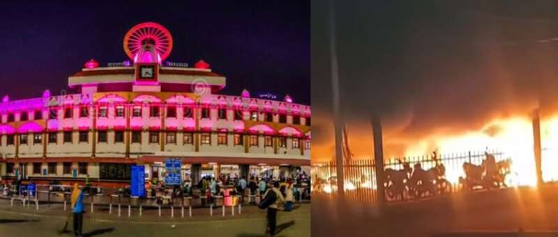 वाराणसी कैंट रेलवे स्टेशन पार्किंग में आग लगने से 300