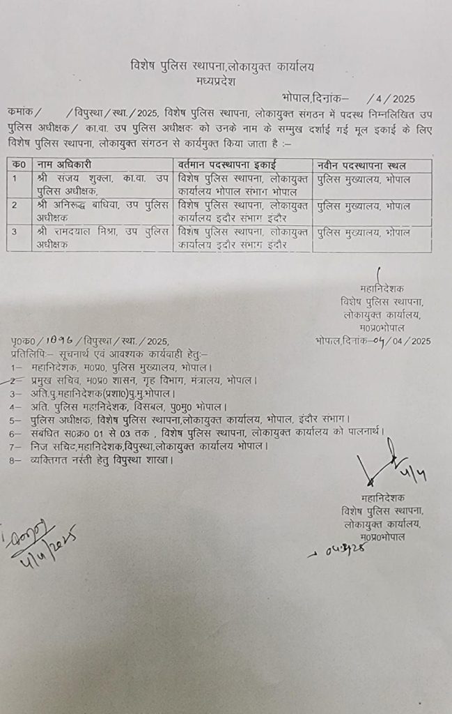 MP : लोकायुक्त ने 3 डीएसपी को वापस किया, चार डीएसपी का तबादला 2 img 20250404 wa00194597892439995282203