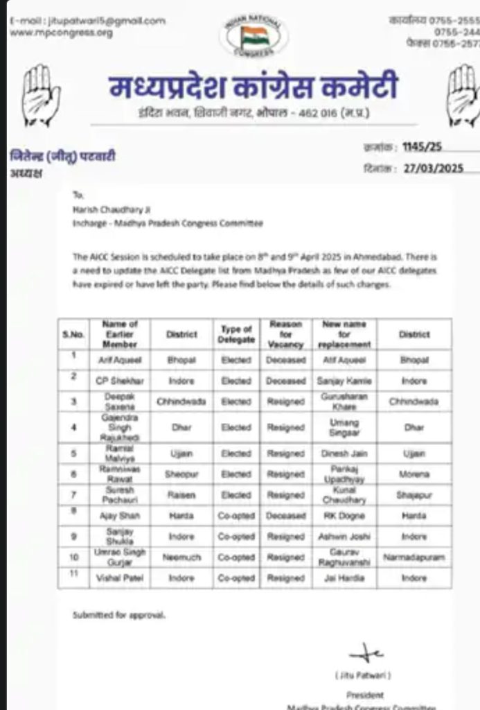 MP Congress : एआईसीसी डेलिगेट्स को लेकर पूर्व सांसद नटराजन ने जताया विरोध, दूसरे जिलों के नेताओं को बनाया प्रतिनिधि... 2 screenshot 20250404 1509456015481606896752806