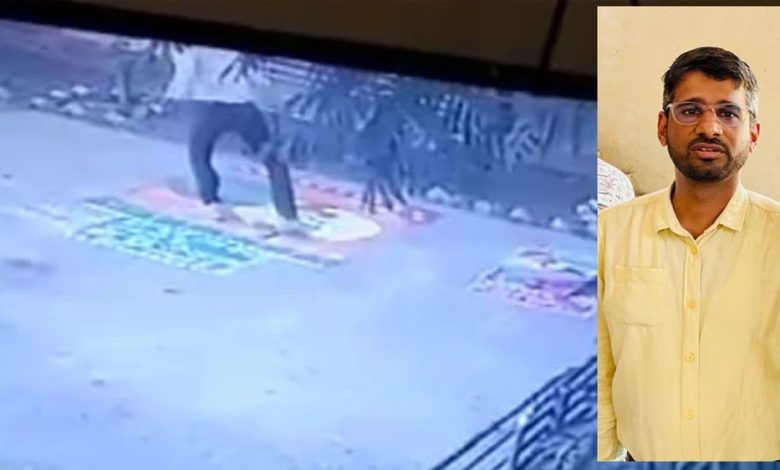 देवास में राधा कृष्ण की रंगोली पैर से बिगाड़ने वाले सहायक