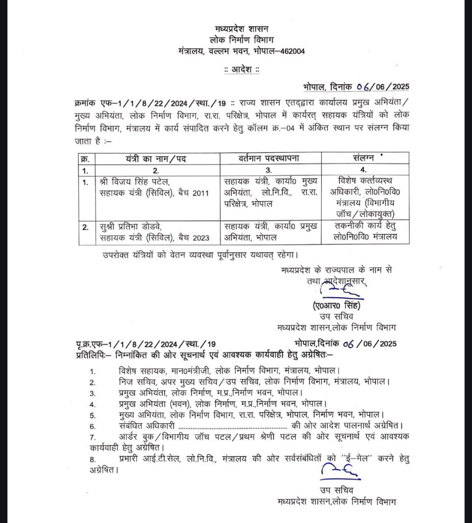 MP : लोक निर्माण विभाग में दो सहायक यंत्रियों एवं 31 कर्मचारियों के तबादले 2 screenshot 20250606 1950281134871759859129492