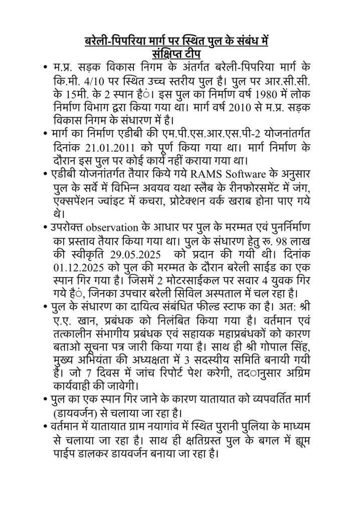 MP updeted news : रायसेन में पुल ढहने से एक की मौत, बरेली-पिपरिया हाईवे बंद, शासन ने प्रबंधक को सस्पेंड किया 2 img 20251201 wa00215790950598527362555