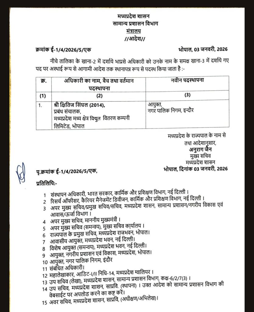 Indore : क्षितिज सिंघल इंदौर नगर निगम के नए आयुक्त होंगे 2 screenshot 20260103 1327118199189550259346424