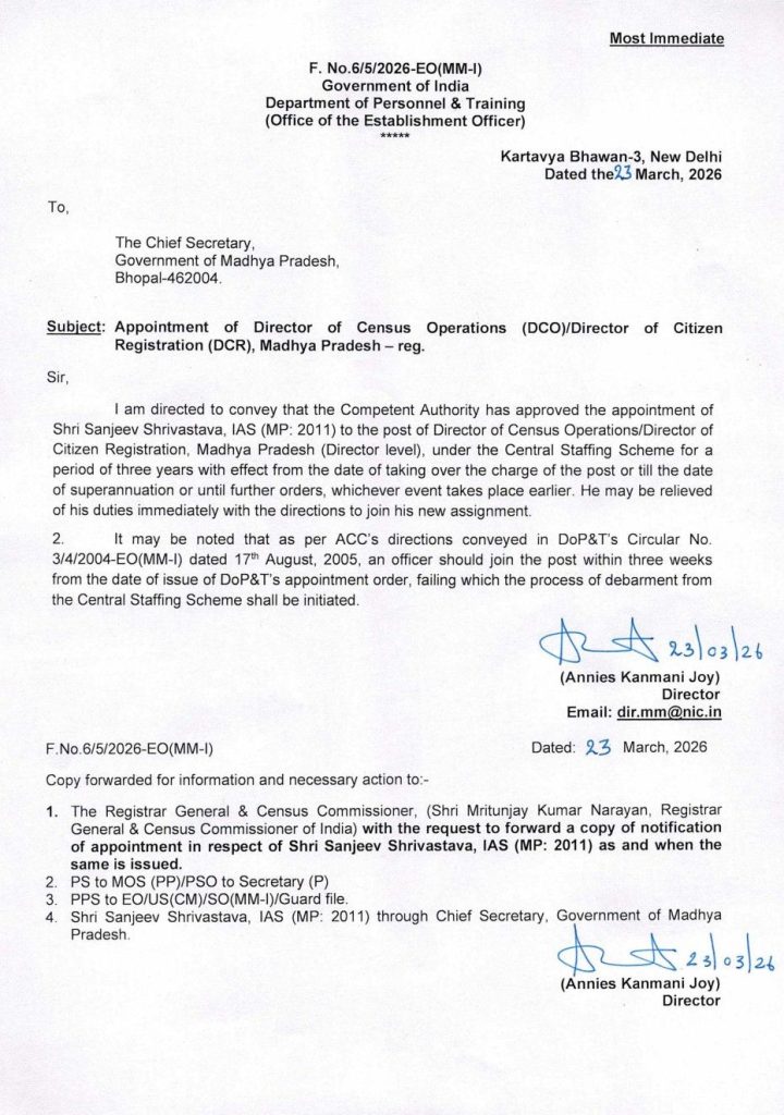 MP : आईएएस संजीव श्रीवास्तव प्रदेश के जनगणना निदेशक होंगे, DOPT से आया पत्र 2 screenshot 20260323 152819501921309127250168