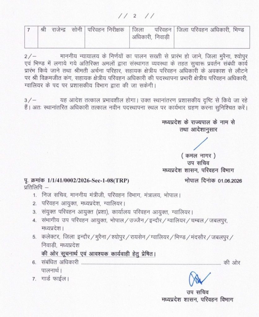 सुप्रीम फटकार का असर : भिंड, मुरैना, श्योपुर के परिवहन अधिकारी बदले गये, रायसेन में भी नए rto पदस्थ 3 screenshot 20260602 1632476964806299355989353